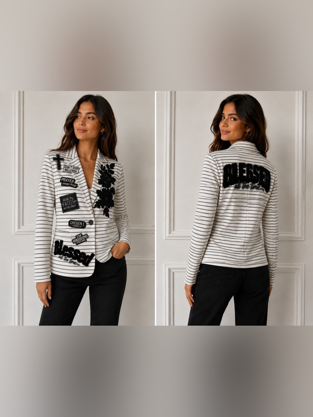 Striped White and Black Patchwork Blazer by [Brand]